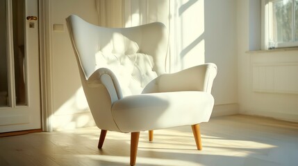 Poster - A white armchair sits in a sunlit room, hardwood floors, natural light.