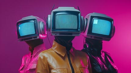 Aufkleber - Three figures with retro TVs as heads, posing against a vibrant pink background.
