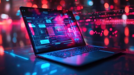 Poster - Neon Night Laptop: Digital Interface Glow