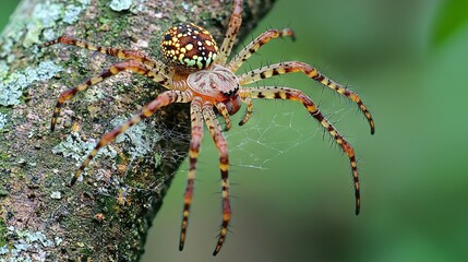 Wall Mural -   A spider on a tree branch, closely focused, with lichen on its back and legs