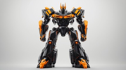 Poster - Powerful black and orange robot standing against white background.