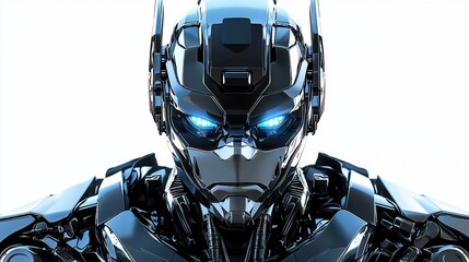 Poster - Close-up of a futuristic robot's head with glowing blue eyes.