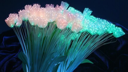 Wall Mural -   A detailed photograph of several blossoms resting on a dark fabric with illuminating blue and green beams emanating from their stems