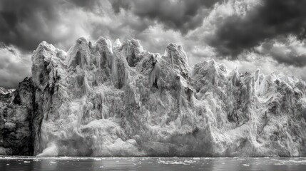 Poster - Dramatic black and white image of a large iceberg with a stormy sky.