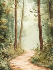 Leinwandbilder - Winding forest trail surrounded by tall trees in a serene nature landscape. Generative AI