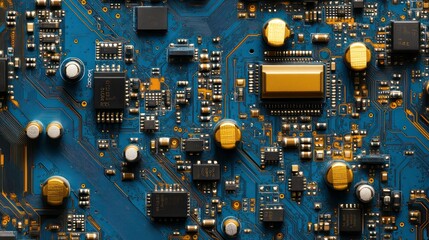 Fototapete - Close-up of a blue circuit board with gold components.