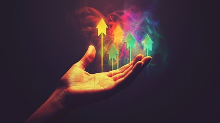 Poster - Hand holding colorful rising arrows in smoke.