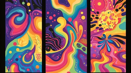 Wall Mural - psychedelic vibrant colorful abstract art triptych.