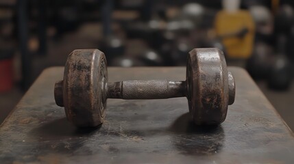 Vintage rusty dumbbell on a table in a gym.