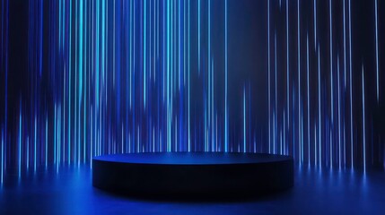 Poster - Dark blue cylindrical platform in front of a blue and teal light streaks background.