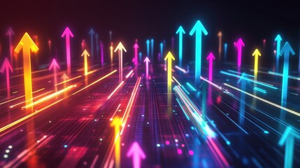Leinwandbilder - Colorful arrows and light streaks create a dynamic digital landscape with vibrant movement and energetic flow. Generative AI