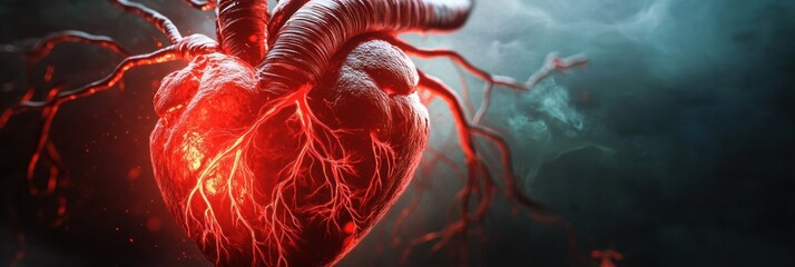 Aufkleber - Bright red heart with glowing veins in a dark, misty environment showcasing anatomical realism and emotional intensity. Generative AI