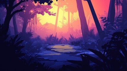 Wall Mural - Serene Sunset Path Through Lush Tropical Forest