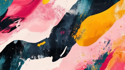 Poster - Abstract art painting with vibrant pink, orange, teal, and black brushstrokes on a creamy white background.