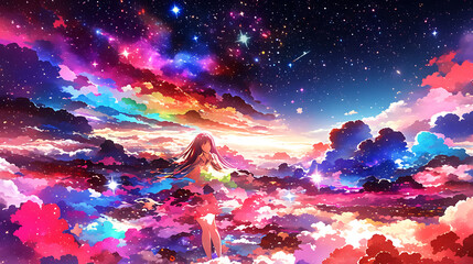 Wall Mural - ethereal figure standing amidst vibrant clouds under a starry sky at sunset, evoking wonder and tran
