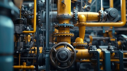 Poster - Close-up of intricate industrial machinery with yellow and gray pipes, valves, and gears.