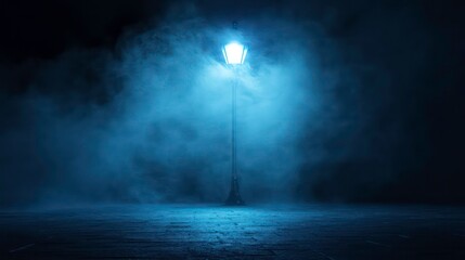 Poster - Single lamppost glowing brightly in thick blue fog at night.