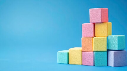 Aufkleber - Pastel-colored foam blocks stacked in a pyramid shape against a blue background.