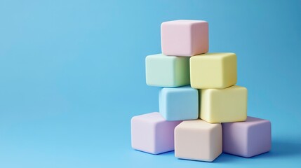 Poster - Pastel-colored blocks stacked in a pyramid shape against a light blue background.
