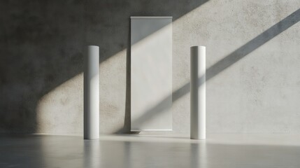 Poster - Blank vertical banner mockup between two white cylinders in minimalist room with sunlight.