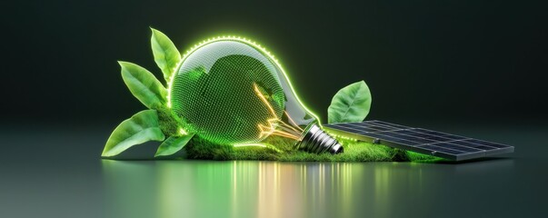 a light bulb representing sustainable energy with green leaves.