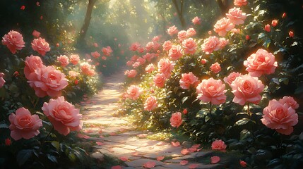 Wall Mural - Sunlit Rose Garden Path, Fantasy Landscape, Floral Background, Game Art