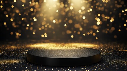 Poster - Black podium with golden glitter on dark background, illuminated by spotlights.
