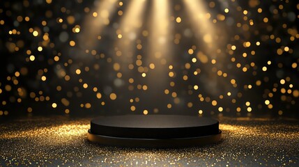 Poster - Black round podium on glittering gold surface, illuminated by spotlight.