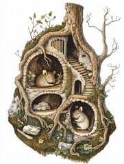 Poster - Charming underground mouse habitat in a tree trunk with multiple chambers and a spiral staircase. Generative AI