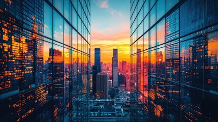 Poster - A high-resolution HDRI of a bustling cityscape at twilight, with reflections on glass buildings, dynamic lighting, and a gradient sky