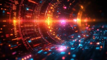 Poster - A bold abstract tech design featuring circular data patterns, layered textures, and bright digital highlights on a gradient black background