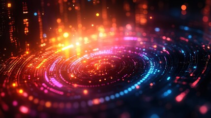 Poster - A bold abstract tech design featuring circular data patterns, layered textures, and bright digital highlights on a gradient black background