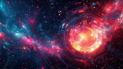 Poster - A cyberpunk-inspired background with neon lights, glitch effects, and intricate digital patterns, creating an edgy futuristic tech atmosphere