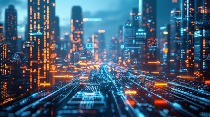 Poster - A high-resolution futuristic cityscape with glowing skyscrapers, flying cars, and a digital interface overlay that highlights advanced technology