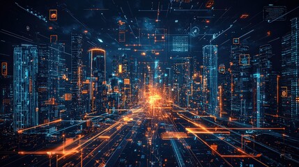 Poster - A high-resolution futuristic cityscape with glowing skyscrapers, flying cars, and a digital interface overlay that highlights advanced technology