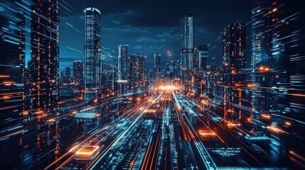 Poster - A high-resolution futuristic cityscape with glowing skyscrapers, flying cars, and a digital interface overlay that highlights advanced technology