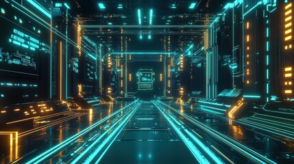 Poster - A high-tech circuit board design with glowing blue and green lines, geometric patterns, and a 3D perspective that creates depth and realism