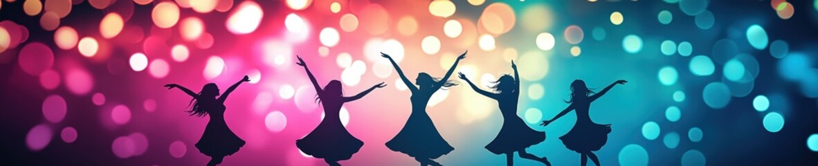 Poster - Illustration of women dancing under a glowing canopy of progress