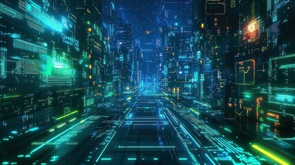 Poster - A high-tech circuit board design with glowing blue and green lines, geometric patterns, and a 3D perspective that creates depth and realism