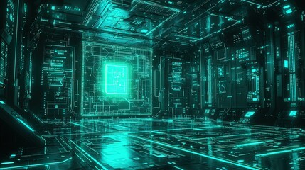 Poster - A high-tech circuit board design with glowing blue and green lines, geometric patterns, and a 3D perspective that creates depth and realism
