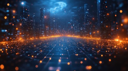 Poster - Virtual reality-themed background with neon blue lights, 3D gridlines, and a sense of immersive digital innovation.