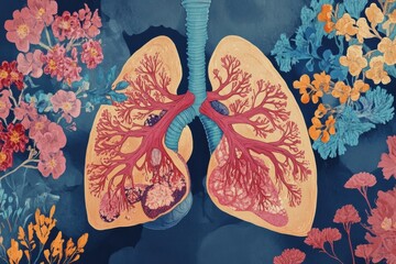 Poster - Intricate illustration of human lungs surrounded by colorful floral patterns showcasing anatomy and nature harmony. Generative AI