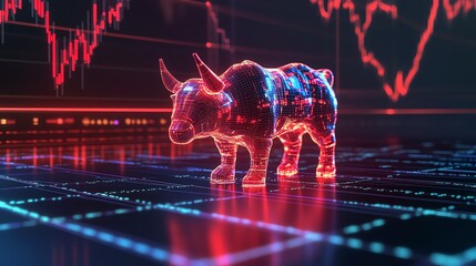 Poster - Digital Bull Symbolizing Market Growth on a Futuristic Trading Floor With Graphs and Data Trends in the Background