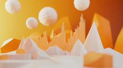 Poster - Abstract Landscape With Geometric Shapes and Floating Elements in Warm Tones of Orange and White