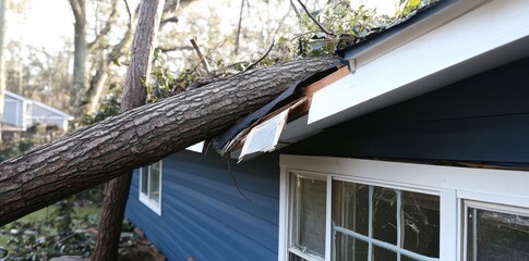 house with fallen tree - windstorm effect, severe weather, cyclone aftermath, roof restoration, prop