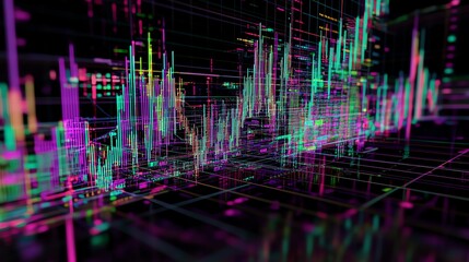 Poster - Colorful Digital Data Visualization Showing Fluctuating Trends in a Virtual Environment