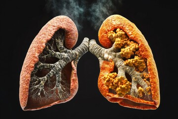 Poster - Detailed view of healthy and unhealthy human lungs showing effects of disease and pollution. Generative AI