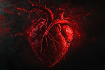 Aufkleber - Heart illustration with realistic textures and vibrant red color on a dark background representing passion and life force. Generative AI