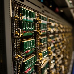 Poster - Detailed View of a Computer Server Rack Showcasing Numerous Memory Modules in a Data Center Environment