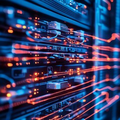 Poster - Network Servers With Glowing Data Cables During a Technology Installation at a Modern Data Center